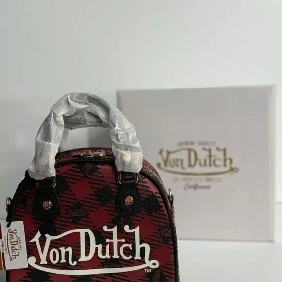 VON DUTCH Red and Black Plaid Mini Bowling Bag - Picture 10 of 11
